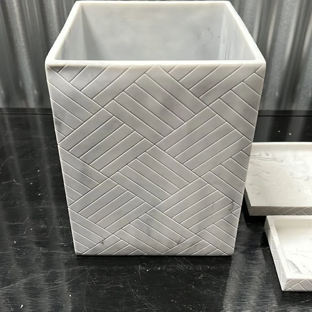 MODA TRIPOLI RESIN MARBLE WASTE BASKET, TRAY, & SOAP DISH SET